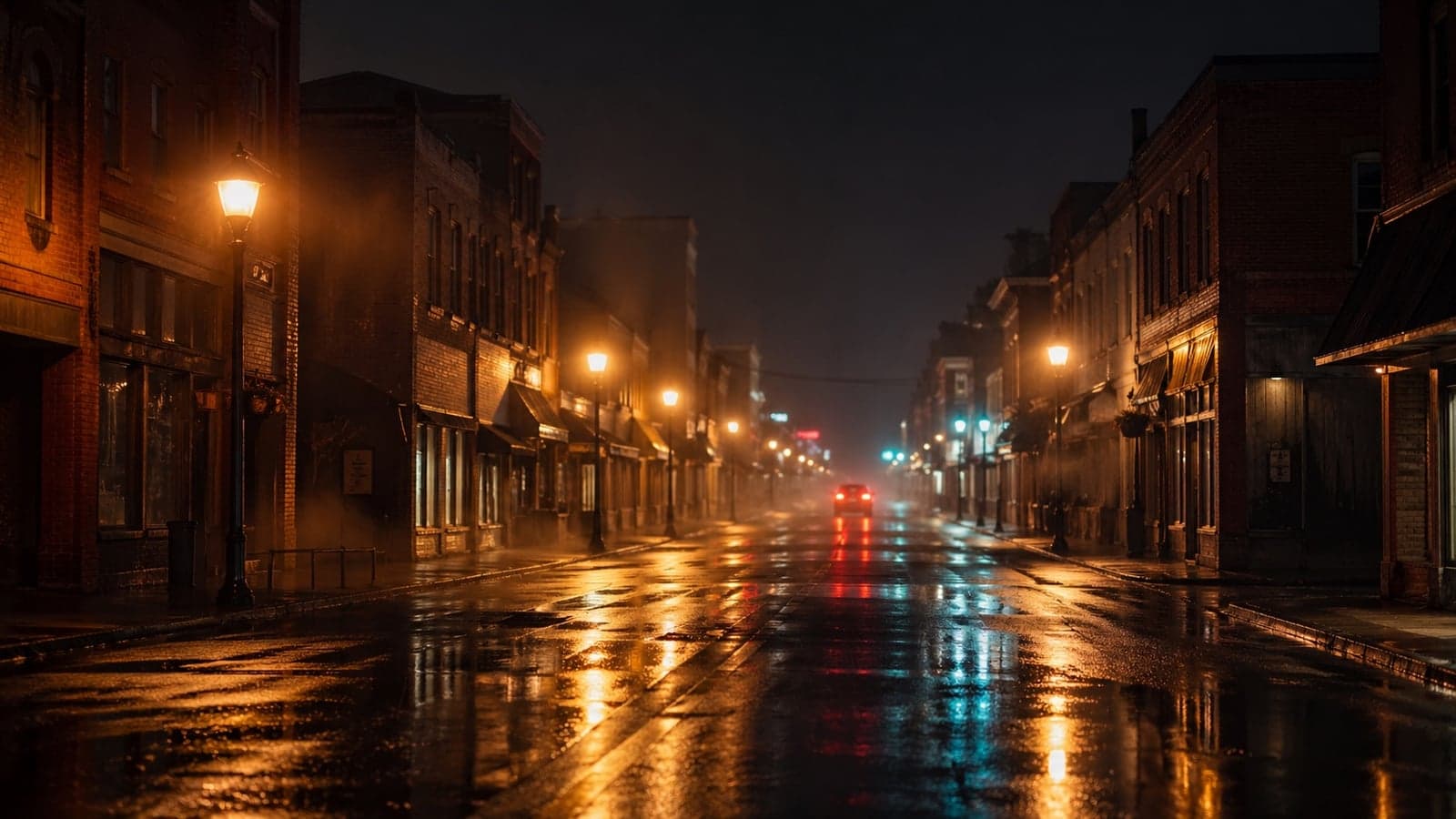 An empty small-town main street at 2 AM, wet asphalt reflecting warm amber streetlights — the quiet hours After Dark Quick was built for