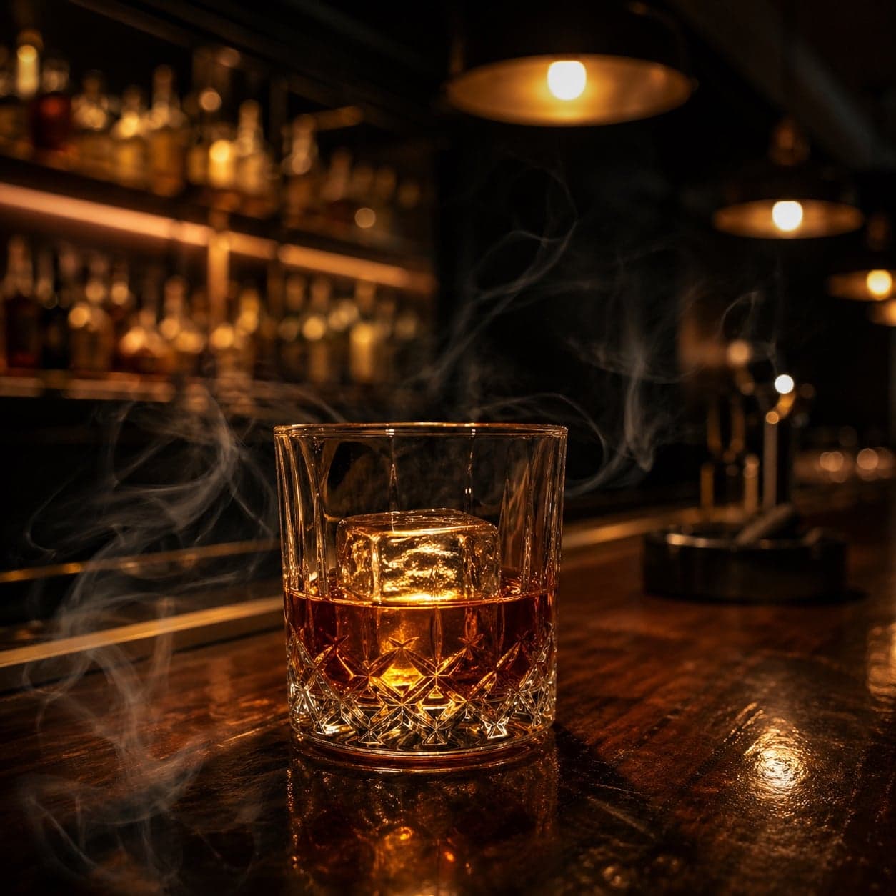 Whiskey on the rocks resting on a wet polished bar, smoke drifting low — the after-hours mood After Dark Quick is built for