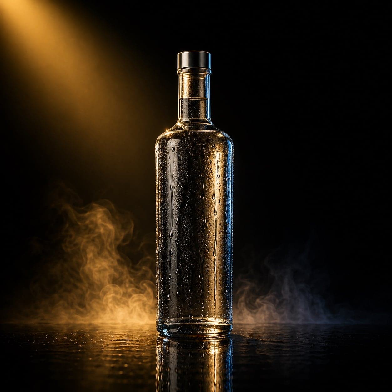A premium spirits bottle lit by a single warm-gold spotlight against a deep black backdrop
