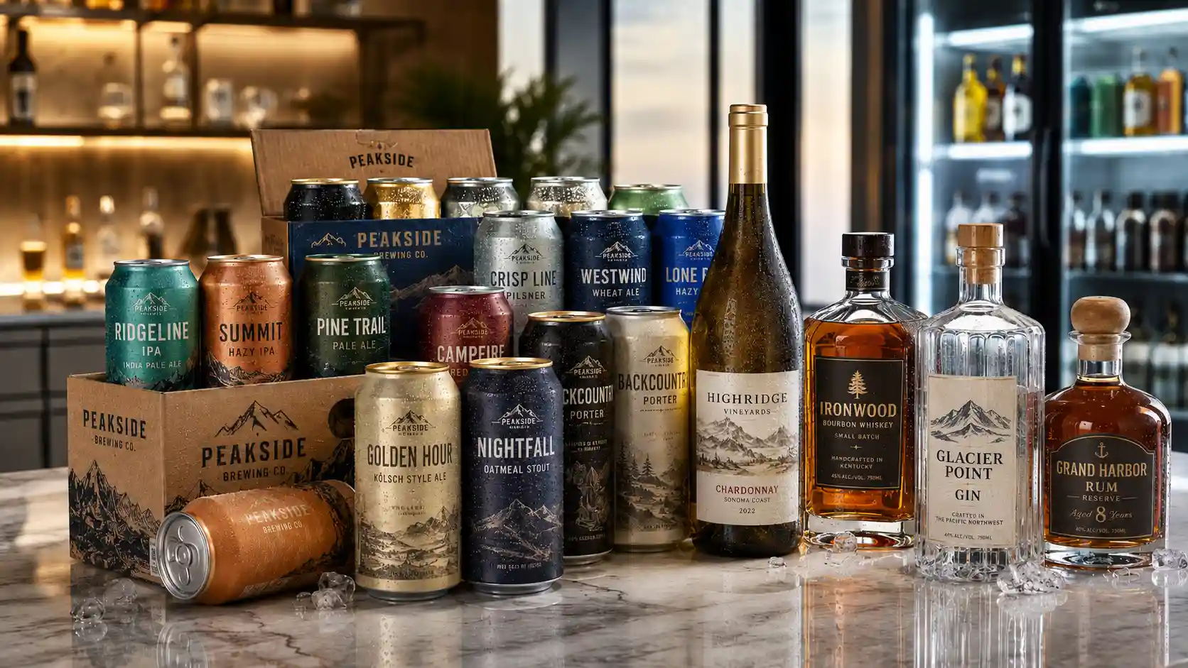 A full spread of cold craft beer cans, wine, bourbon, gin, and rum lined up on a bar counter — the kind of selection a corner-store cooler can't match
