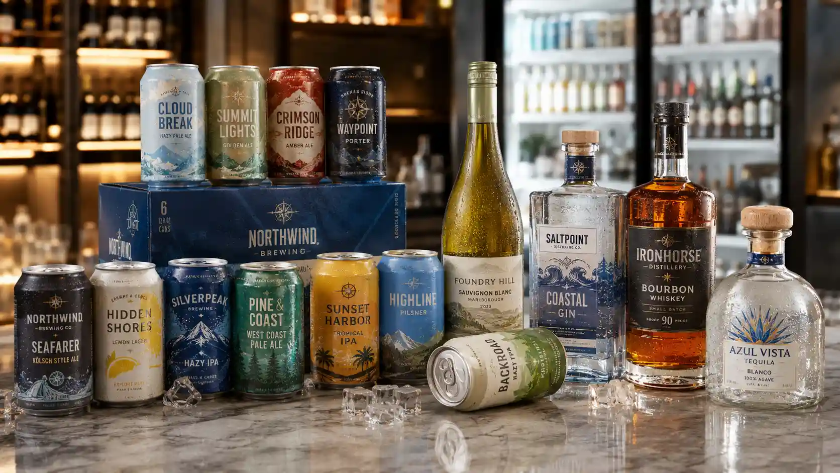 Cold beer cans, chilled white wine, gin, bourbon, and tequila on a bar counter with ice, ready for after-hours delivery