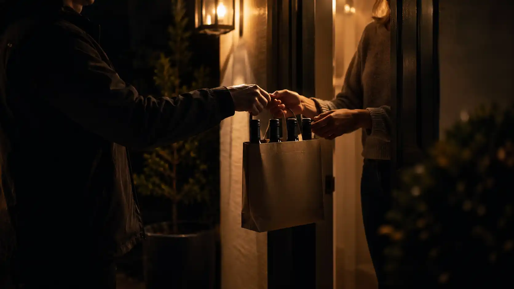 After-hours alcohol delivery bottles bagged for a late-night doorstep drop in Niagara