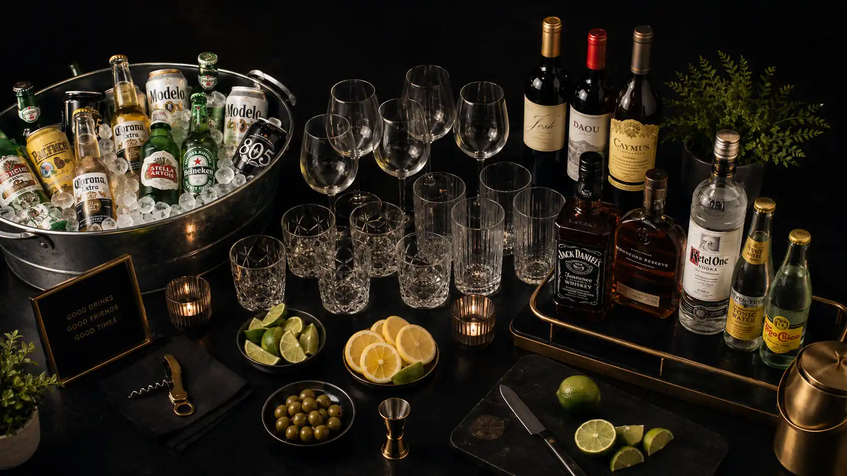 A home party bar stocked with beer on ice, wine, and spirits ready for guests