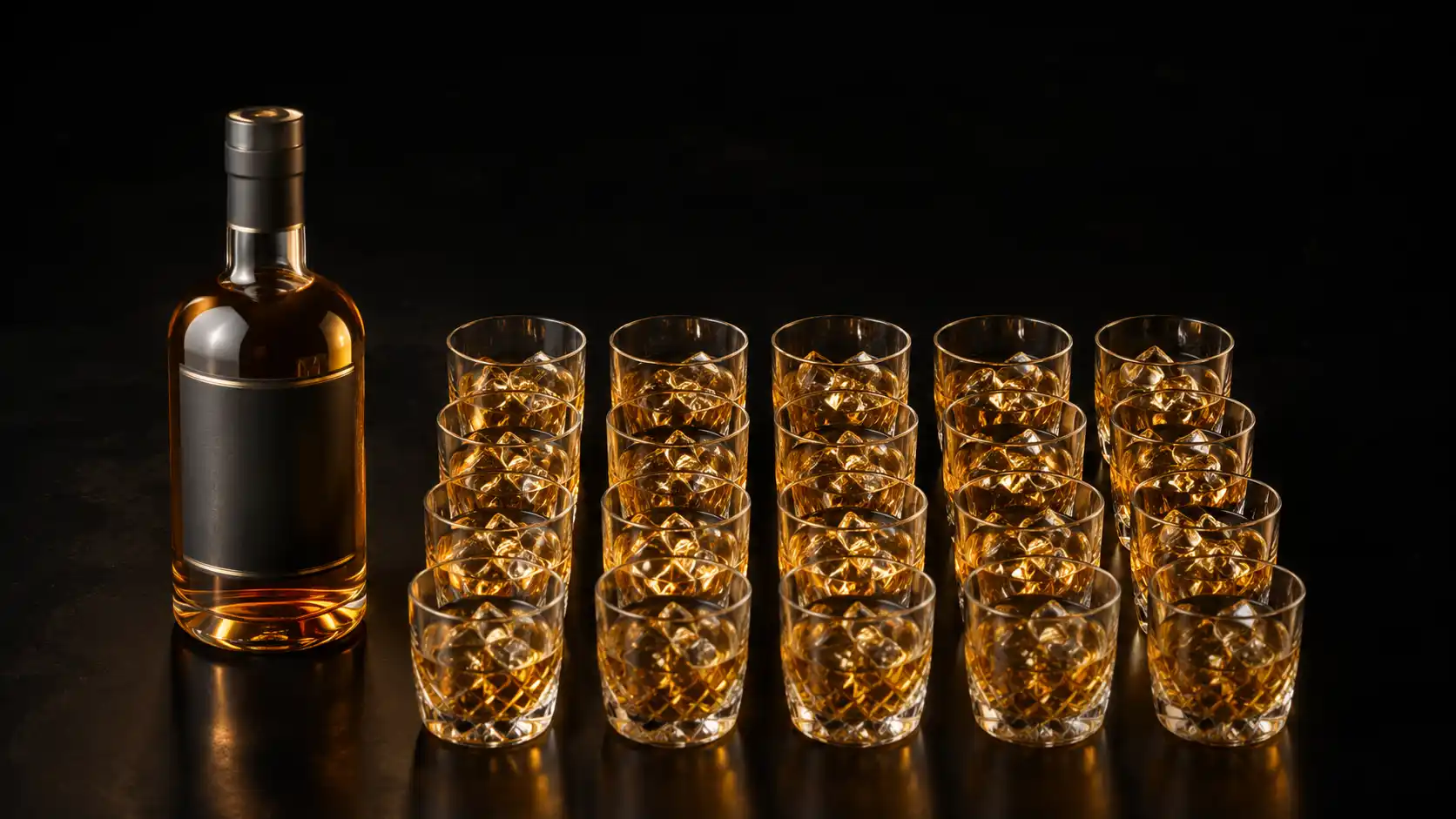 A 750ml bottle of spirits beside the roughly 16 cocktail drinks it pours