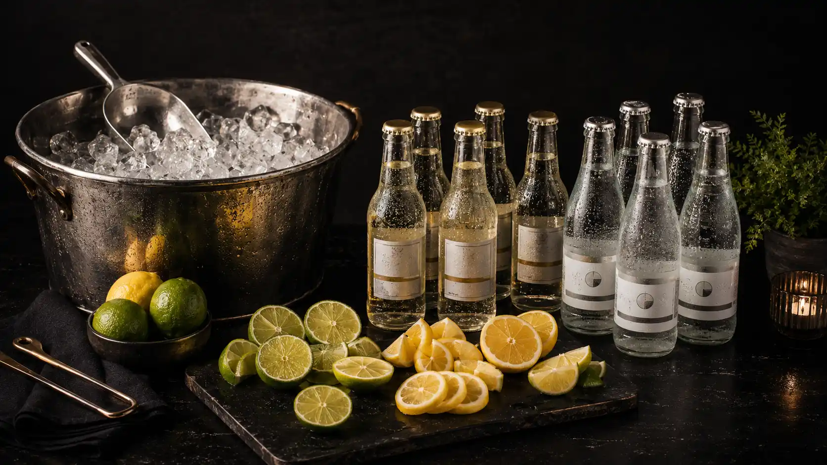 Ice, tonic, soda, and freshly cut citrus laid out as party mixers