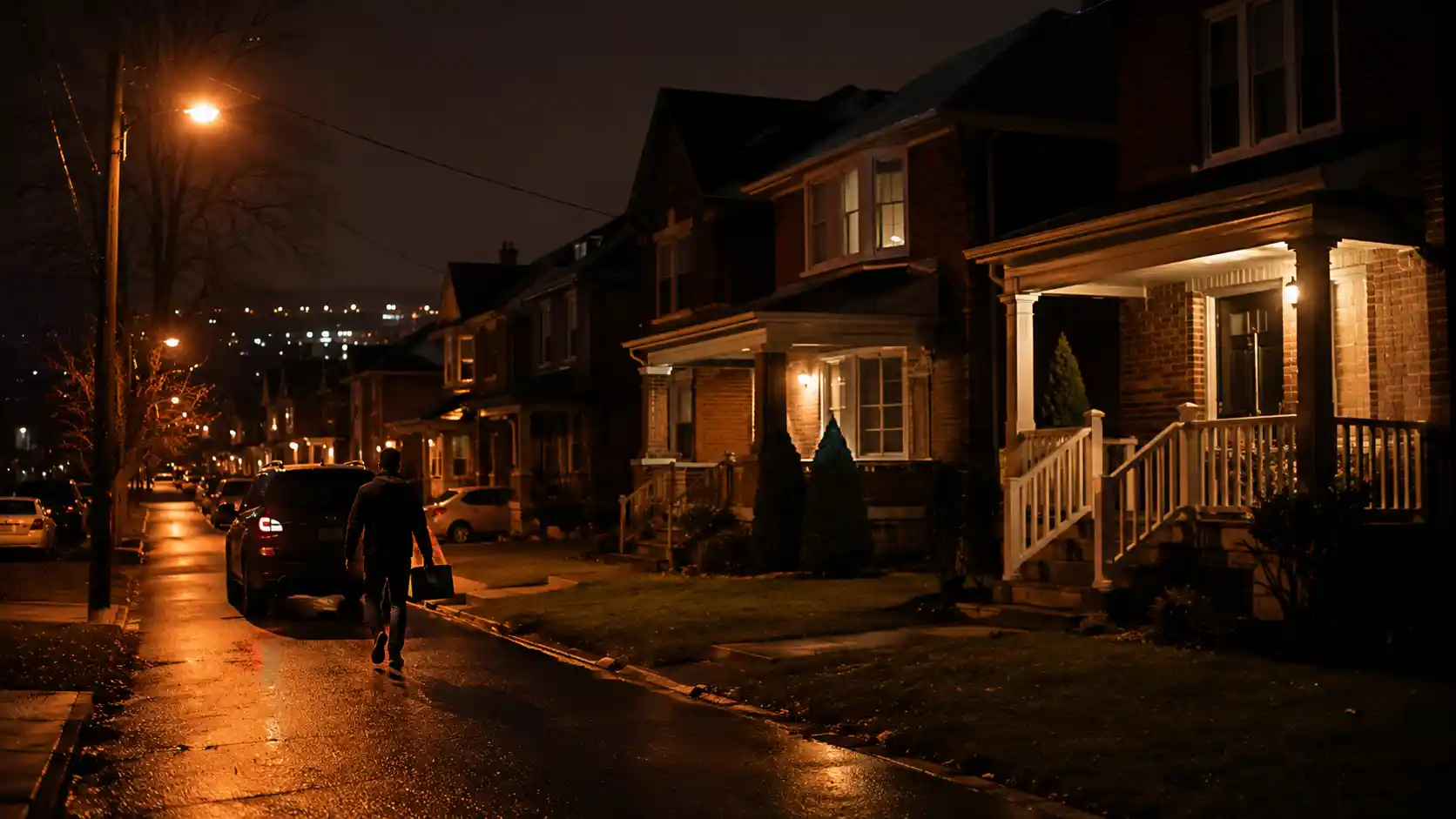 A vehicle pulled up to a lit residential street in Hamilton at night, an after-hours delivery arriving