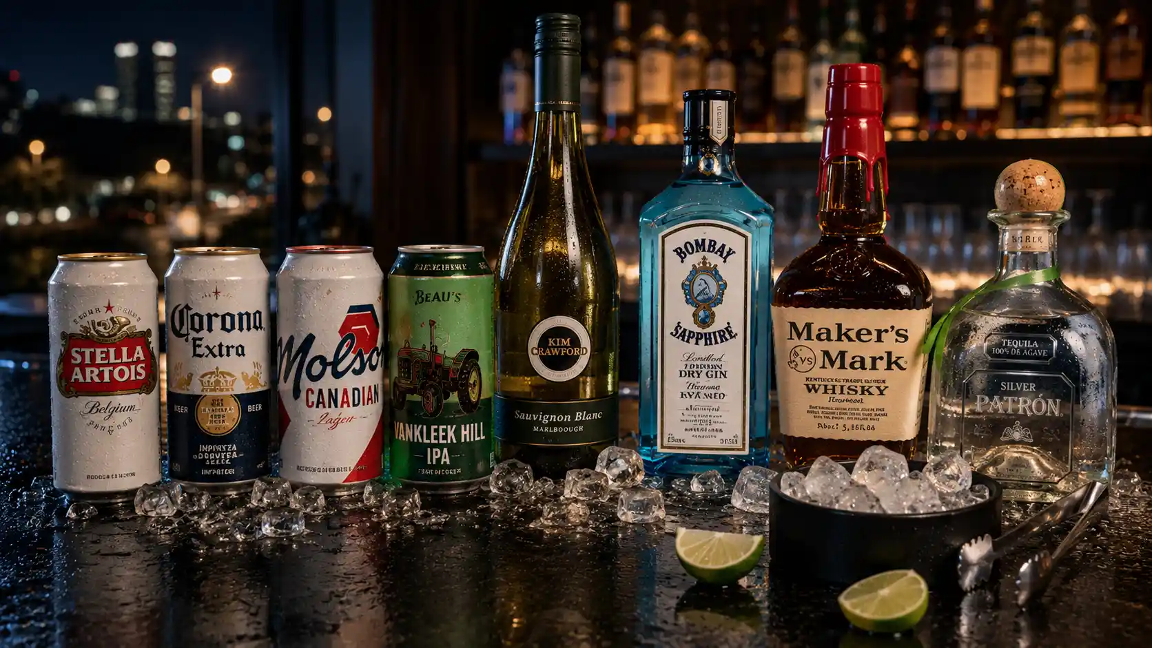 Cold beer cans, chilled white wine, gin, bourbon, and tequila on a bar counter with ice, ready for after-hours delivery