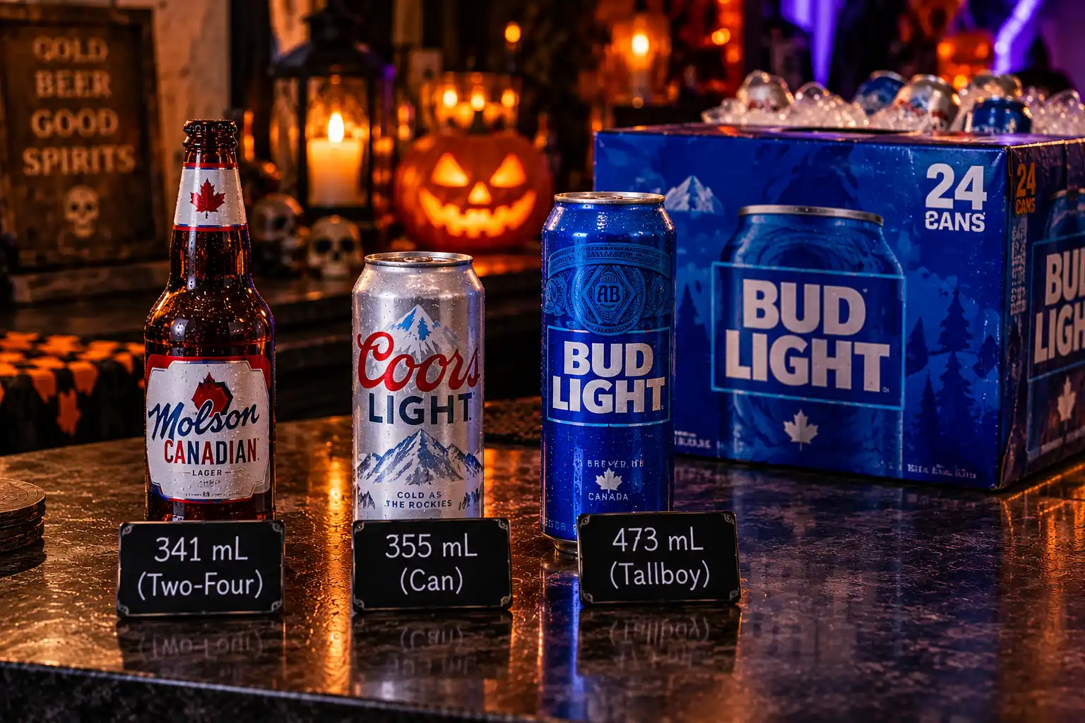 Canadian beer sizes compared on a bar: a 341 mL bottle, a 355 mL can and a 473 mL tallboy, with a 24-can case of beer on ice behind them