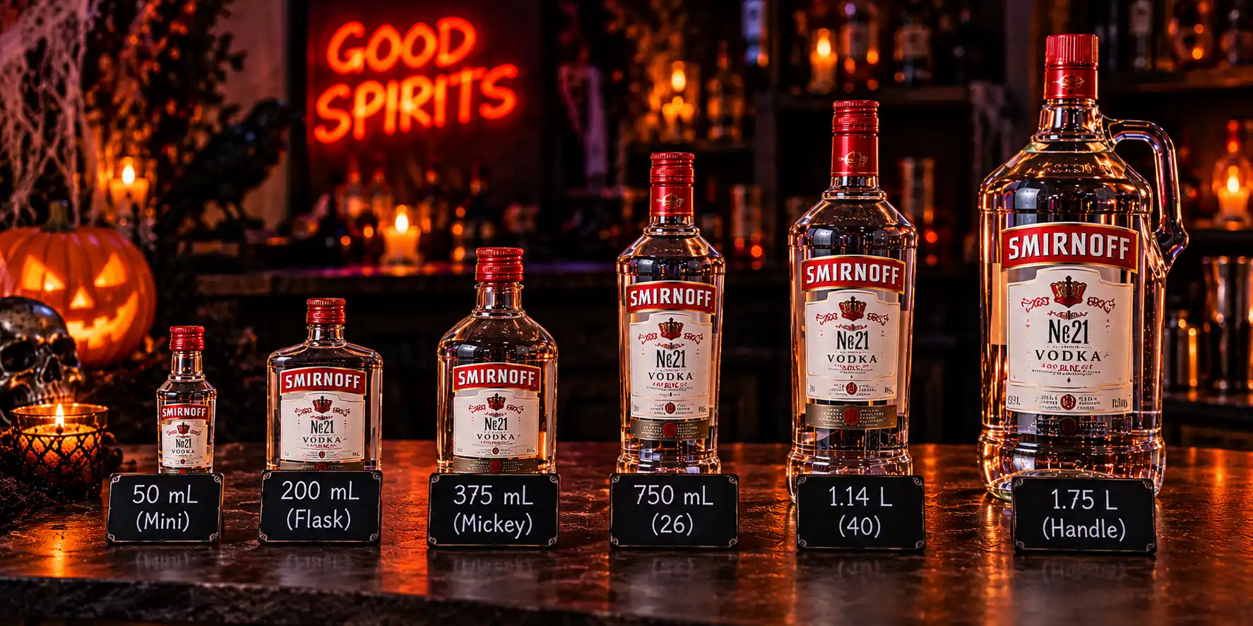 Six vodka bottles from smallest to largest on a dark bar, each with a chalk label: 50 mL mini, 200 mL flask, 375 mL mickey, 750 mL (26), 1.14 L (40) and 1.75 L handle
