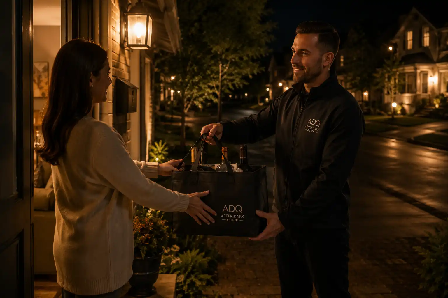 An After Dark Quick driver handing a bag of wine bottles to a customer at her lit front door, late at night on a quiet residential street long after the LCBO has closed