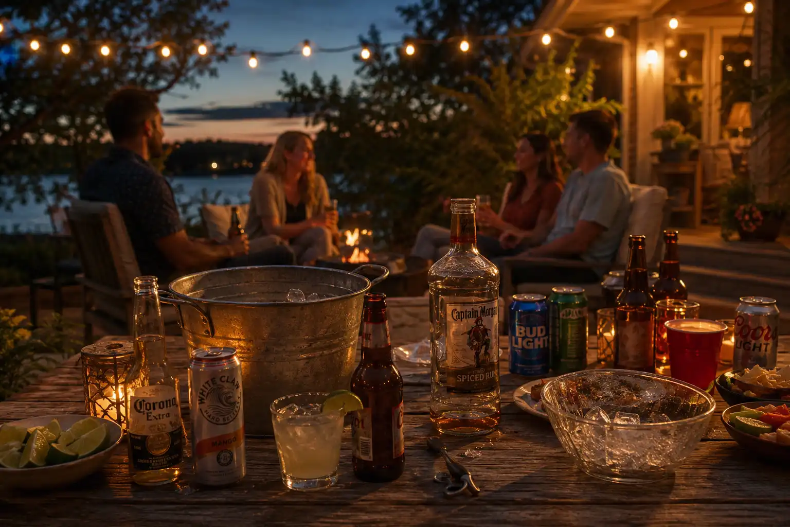 A lakeside patio party carrying on after dark under string lights — friends around a fire pit while the ice bucket on the table sits empty and melted, hours after the LCBO closed at 6 PM on the Sunday of the long weekend