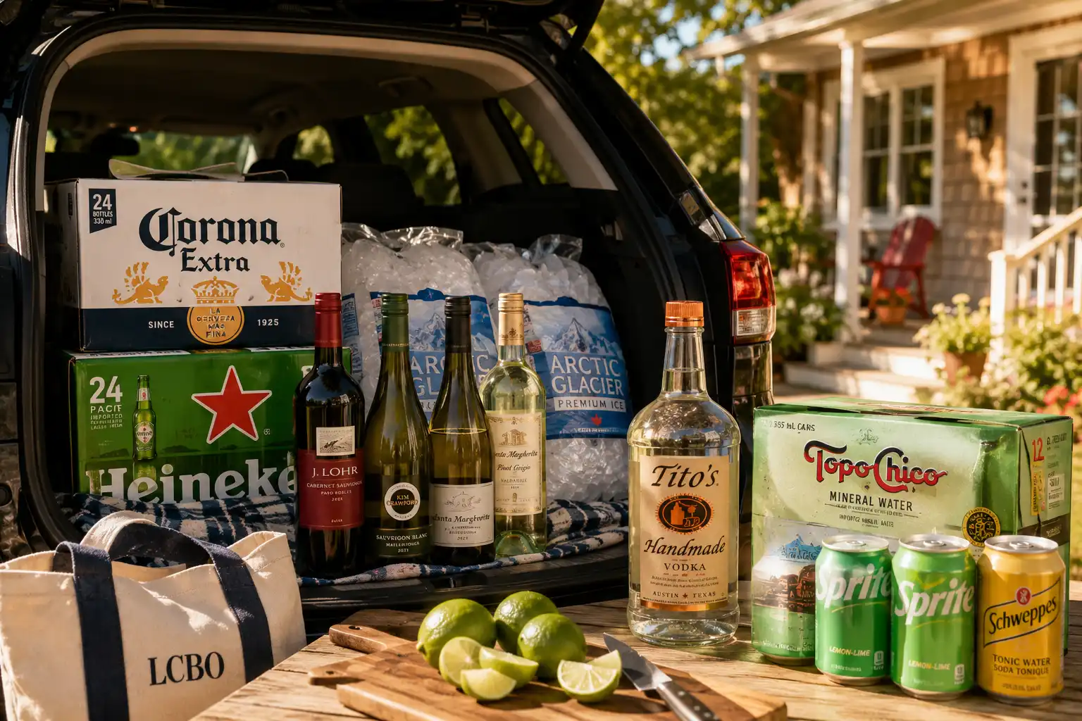 A full August long-weekend haul loaded into an open car trunk after one Saturday LCBO run — two cases of beer, red and white wine, a bottle of vodka, bags of ice, mixers and fresh limes