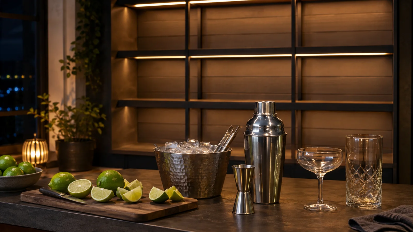A home bar counter set up for cocktails at night — a board of freshly halved limes, a hammered ice bucket with tongs, a cocktail shaker, a jigger, and empty coupe and highball glasses — while the backlit shelves behind stand completely bare of bottles