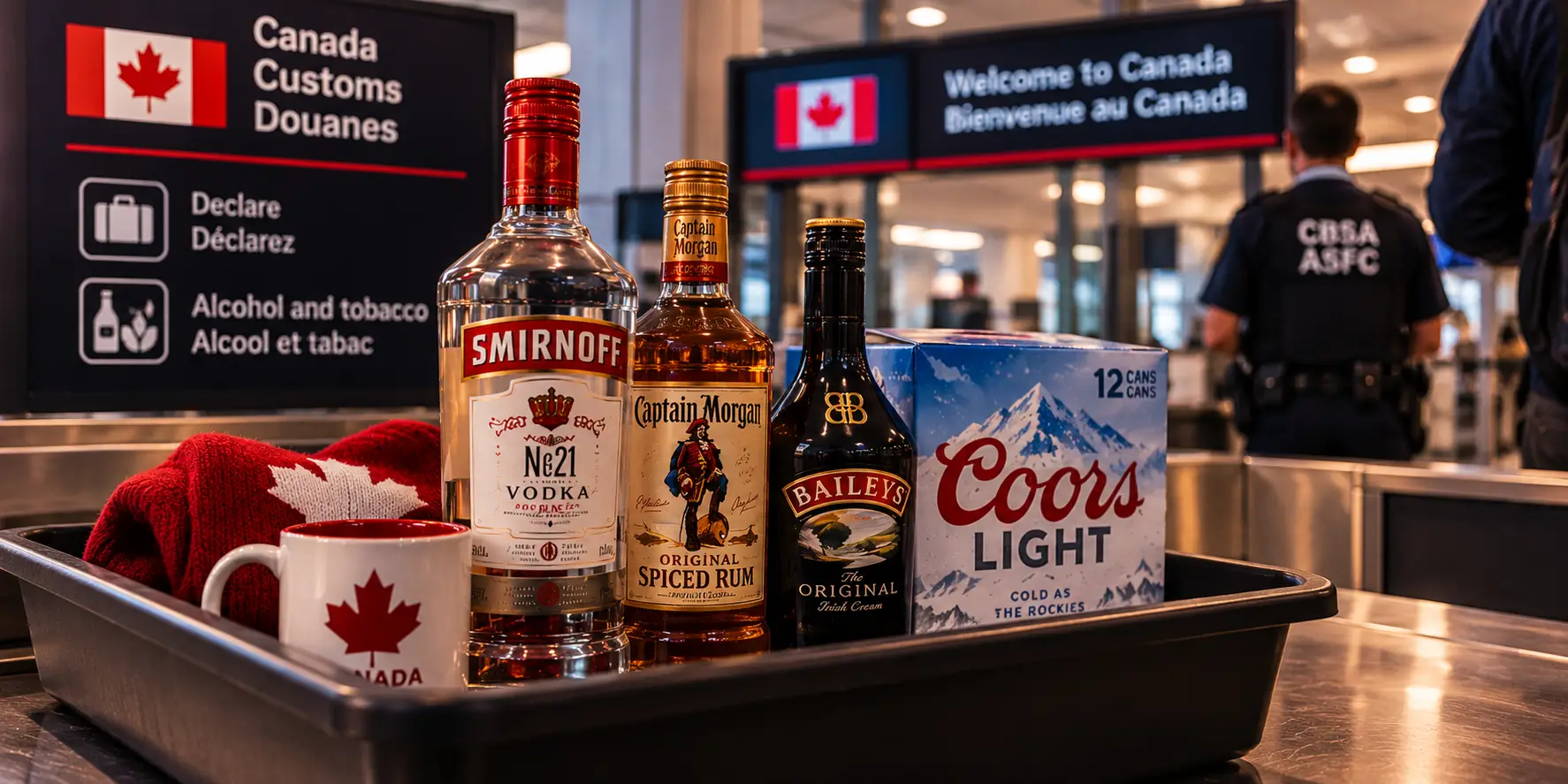 A customs inspection tray holding a bottle of vodka, a bottle of spiced rum, a bottle of Irish cream and a 12-pack of beer, more than one duty-free allowance, in front of a Canada Customs "declare alcohol and tobacco" sign with a border officer behind