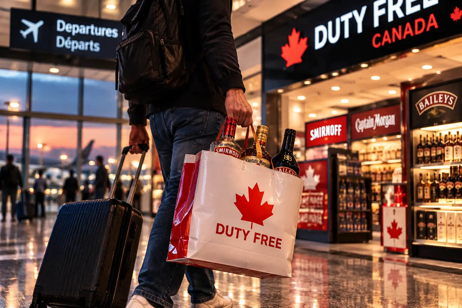 A traveller walking out of a Canadian duty-free shop carrying a bag with three bottles of spirits and pulling a suitcase