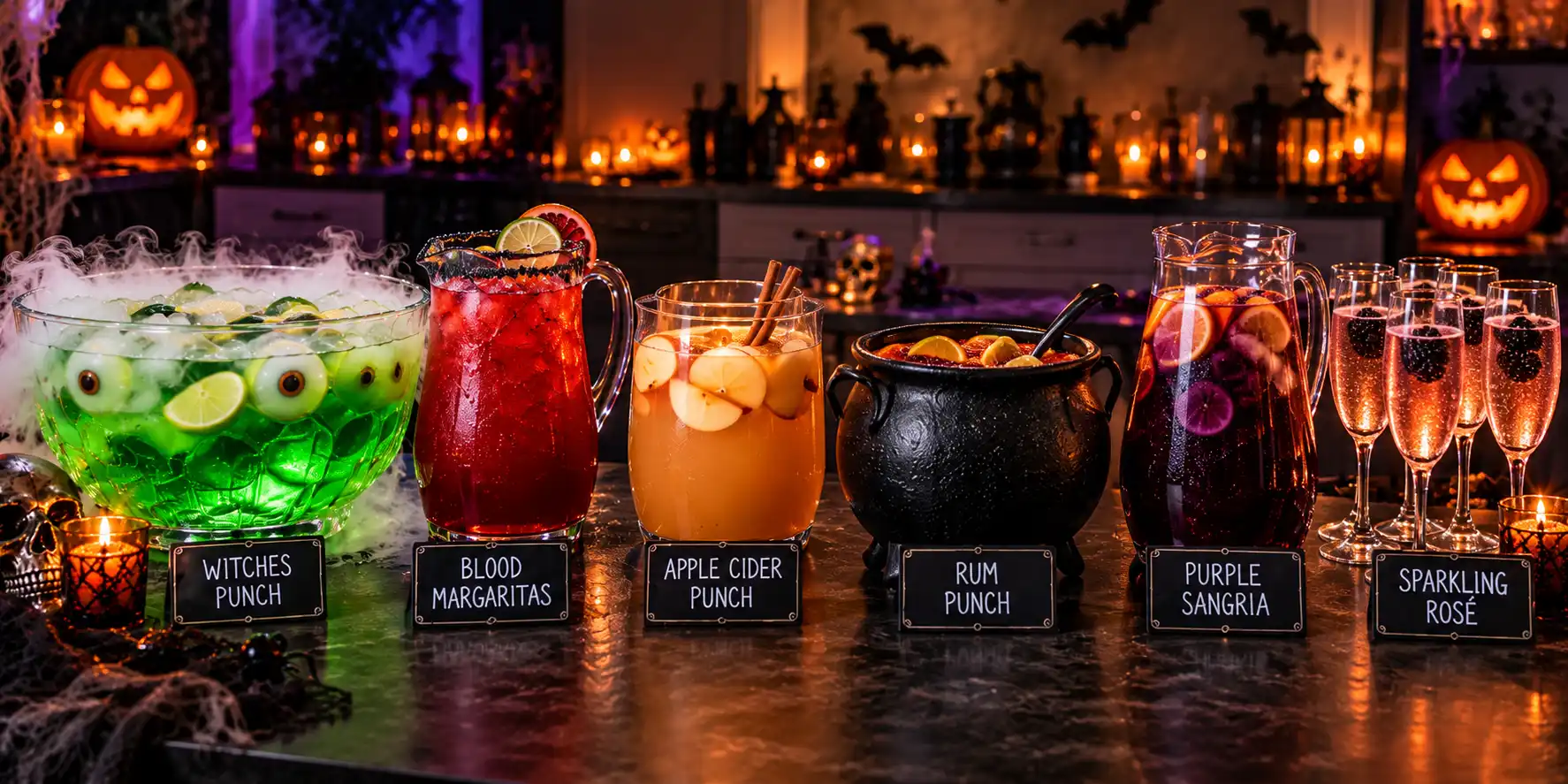 Six Halloween batch drinks labelled on a dark counter: a smoking green witches punch with eyeball ice, a pitcher of blood margaritas, an apple cider punch with cinnamon sticks, a black cauldron of rum punch, a jug of purple sangria and flutes of sparkling rosé with blackberries