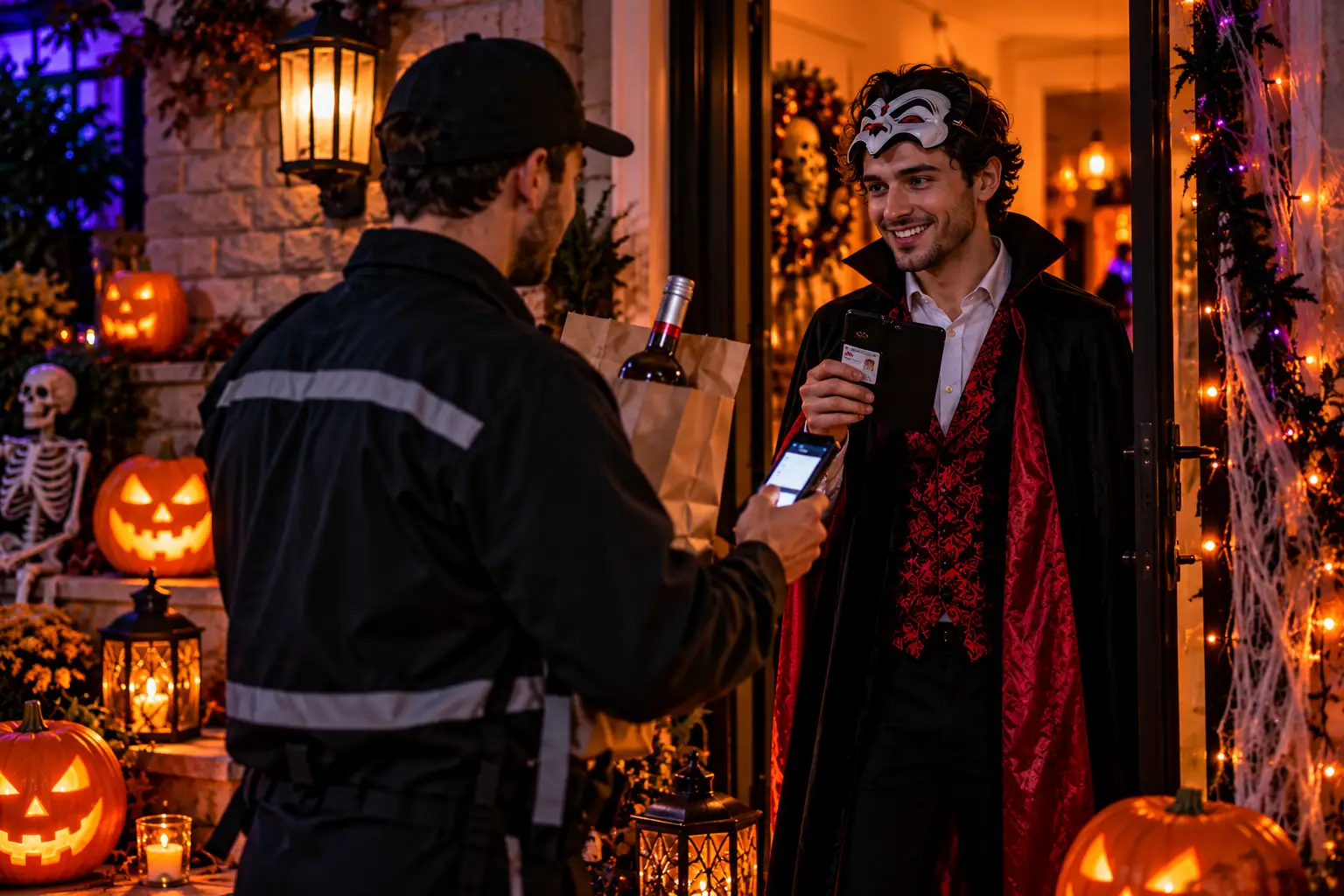 A delivery driver holding a paper bag with a bottle of wine scans the ID of a smiling customer in a vampire costume, mask pushed up on his forehead, at a front door lined with jack-o'-lanterns