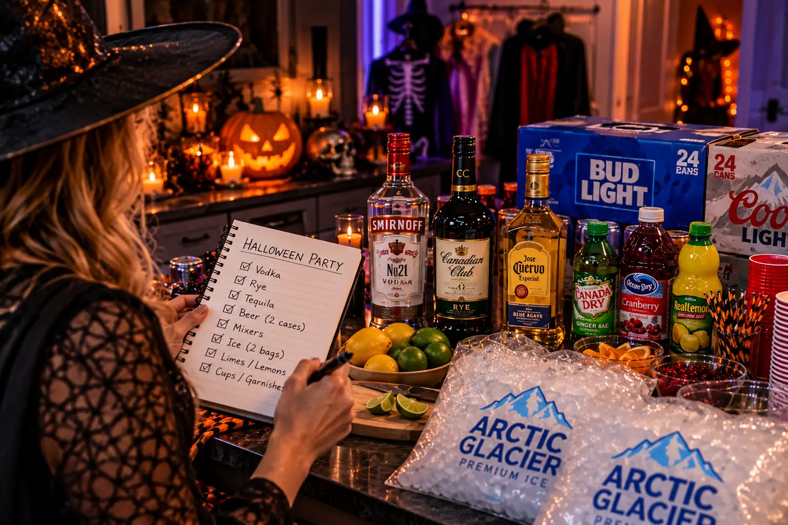 A host in a witch hat ticking off a Halloween party shopping list of vodka, rye, tequila, beer, mixers and ice, beside bottles of vodka, rye and tequila, two 24-can cases of beer, mixers and bags of ice