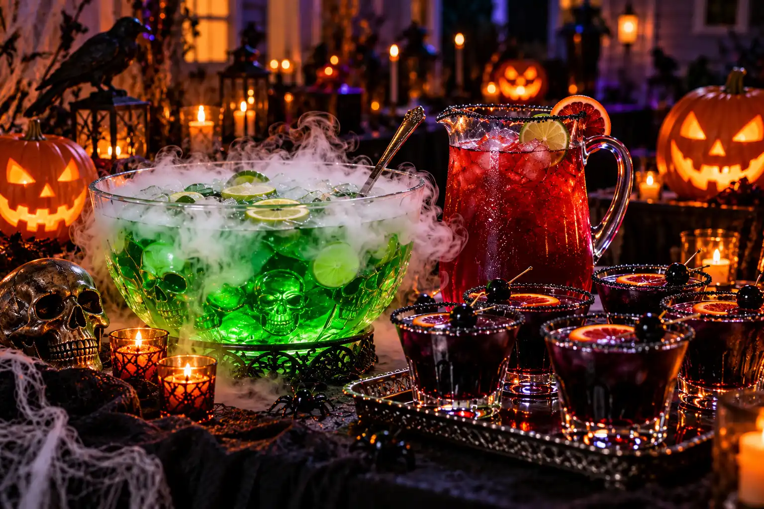 A Halloween drinks table at night with a smoking green punch bowl full of lime slices, a pitcher of blood-red margaritas and a tray of dark cocktails with blood orange and cherries, between glowing jack-o'-lanterns