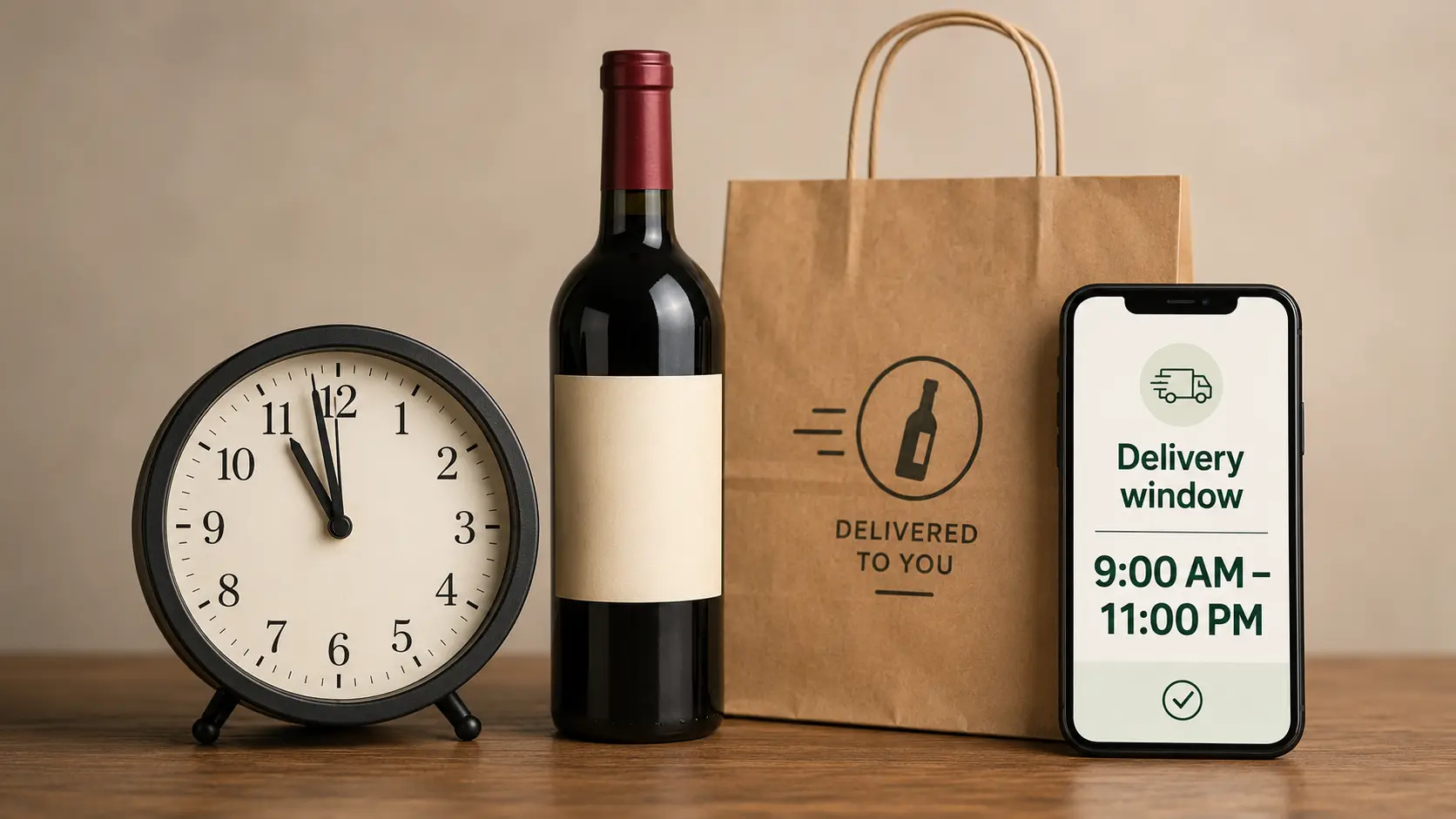 A wine bottle, a delivery bag, and a phone showing an Ontario alcohol delivery window of 9:00 AM to 11:00 PM beside a clock near 11