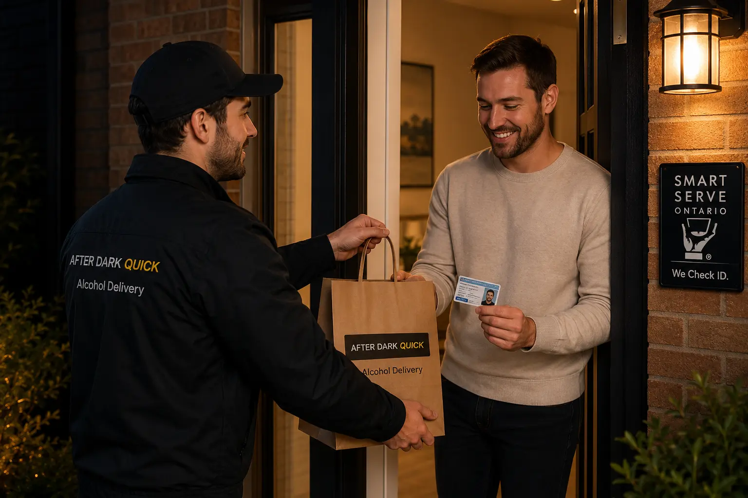 An After Dark Quick driver handing over a delivery and checking a customer's ID at the door during a late-night alcohol delivery in Ontario, beside a Smart Serve "We Check ID" plaque