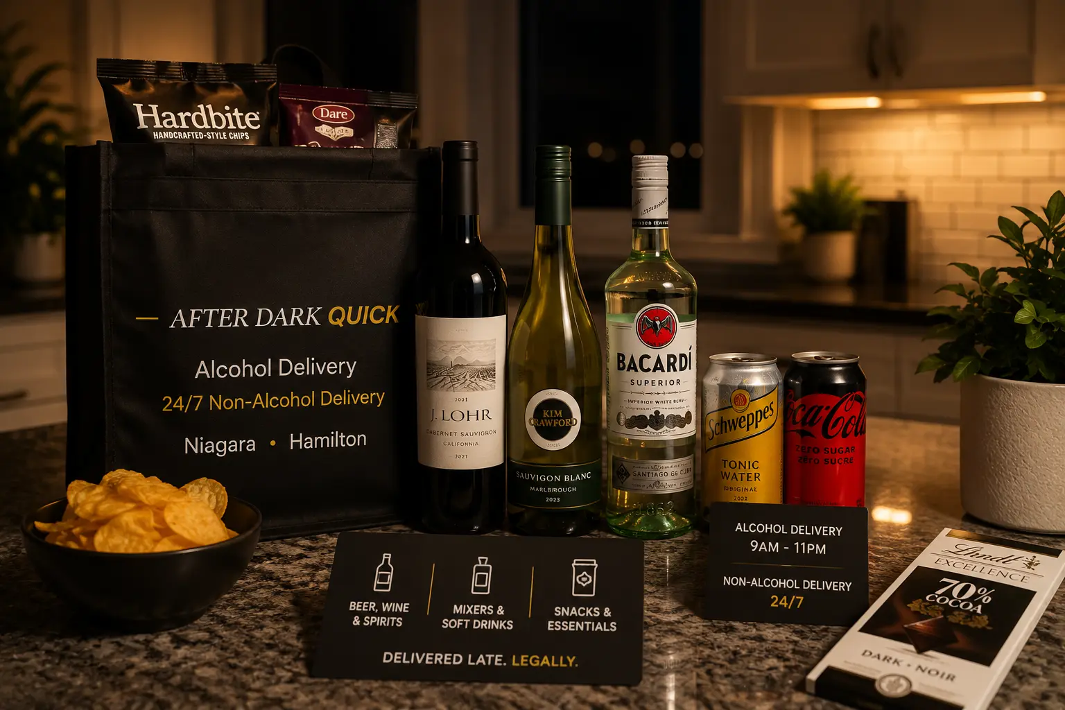 An After Dark Quick late-night delivery spread — wine, spirits, mixers, and snacks — for Niagara and Hamilton, with alcohol delivery 9 AM to 11 PM and non-alcohol delivery 24/7