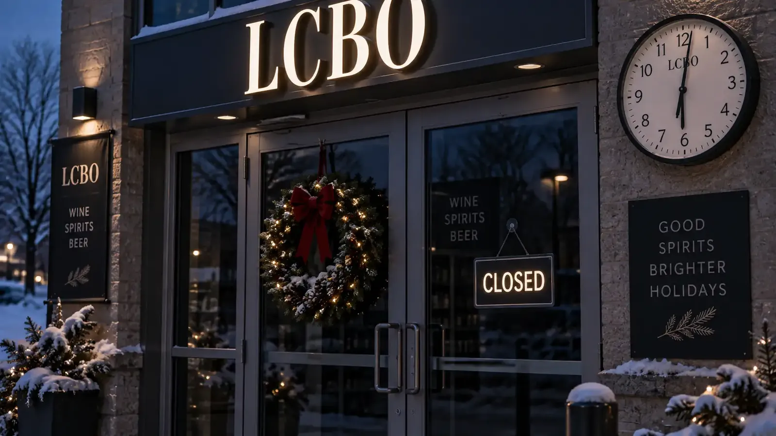 A clock above an LCBO entrance reading just past 6 o’clock, the CLOSED sign lit in the door beside a Christmas wreath, the store dark inside