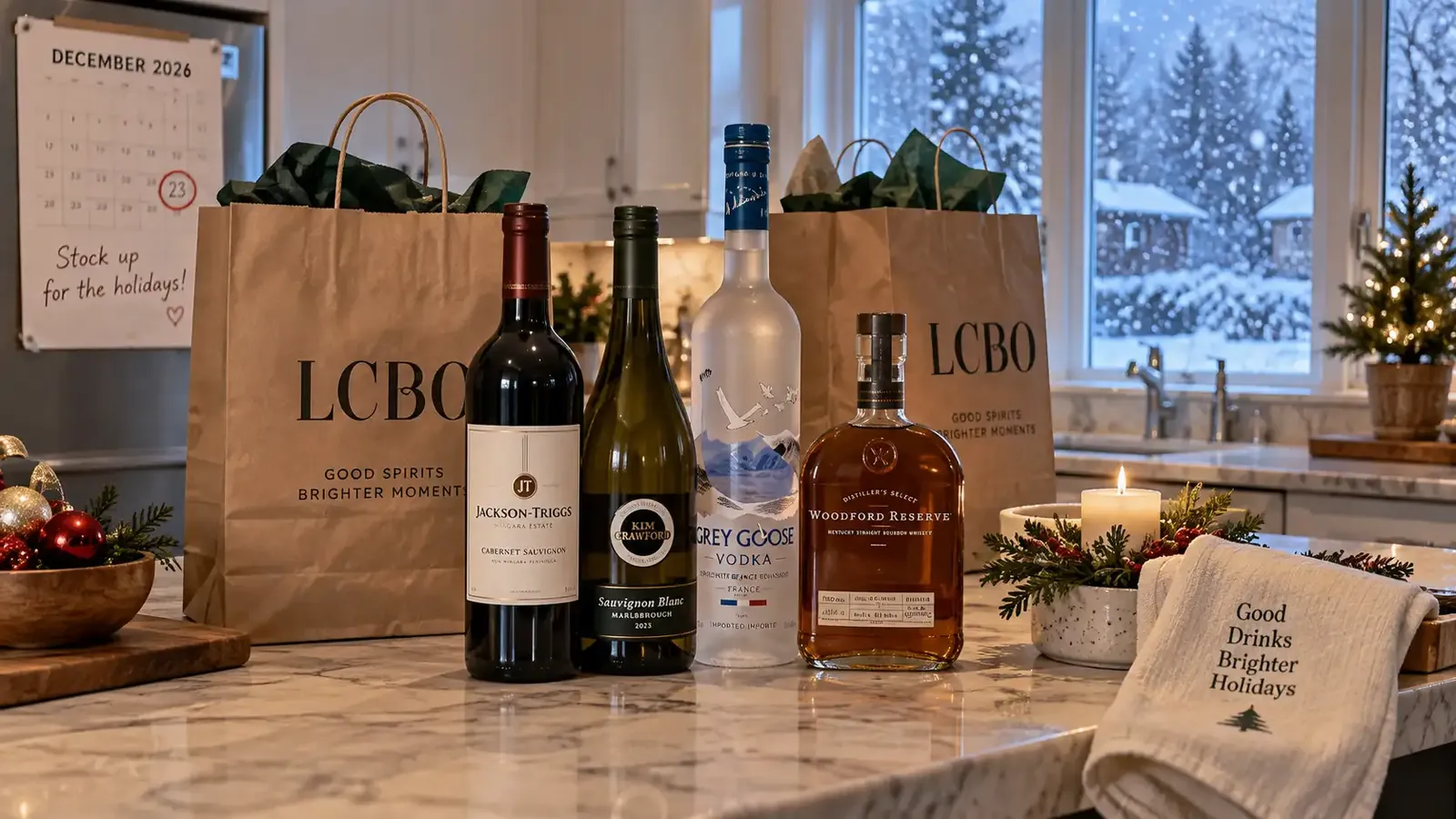 An LCBO stock-up on a kitchen counter — red wine, white wine, vodka and bourbon beside two LCBO bags, with a wall calendar behind showing December 23 circled