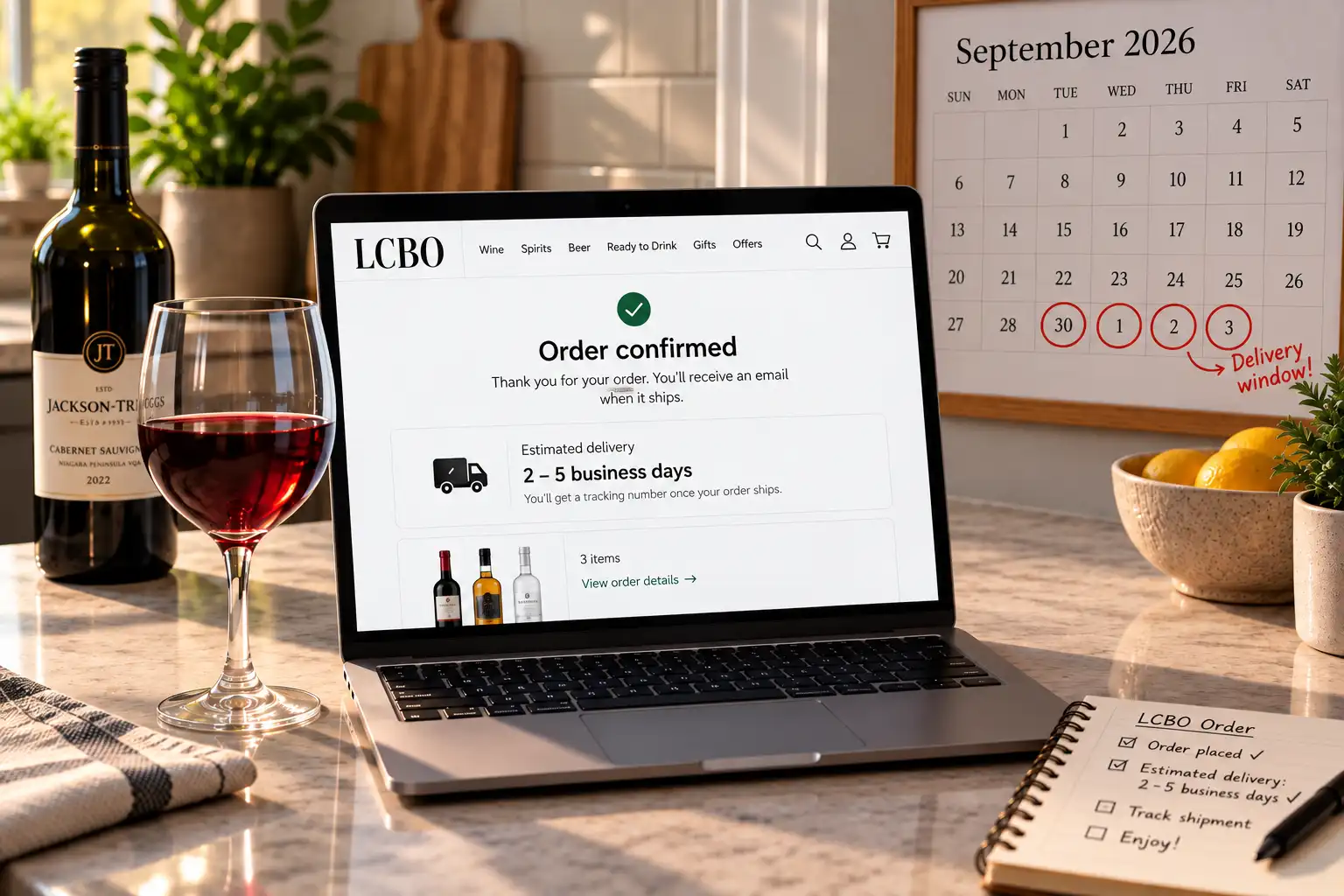 A laptop on a kitchen counter showing an LCBO online order confirmation with a 2–5 business day delivery estimate, a glass of red wine beside it and the delivery days circled on a wall calendar