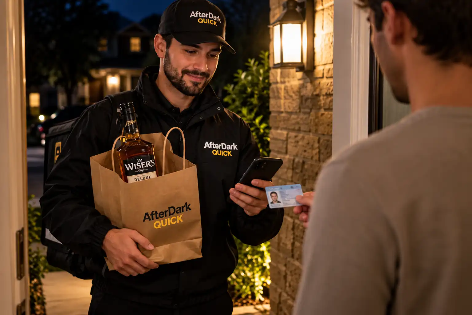 An After Dark Quick driver at a front door at night holding a paper bag with a bottle of J.P. Wiser's Deluxe whisky, checking the customer's ID before handing over the order