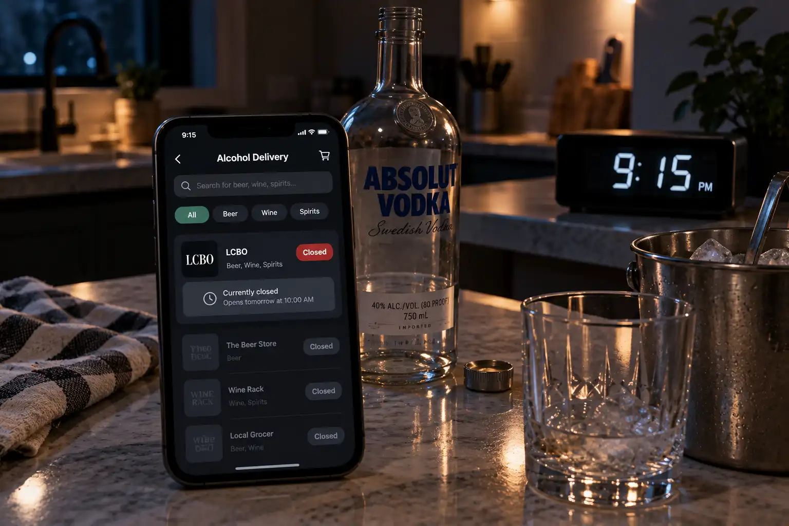 A phone on a dark kitchen counter at 9:15 PM showing an alcohol delivery app with the LCBO, the Beer Store and local stores all marked closed, beside an empty vodka bottle, a glass and an ice bucket