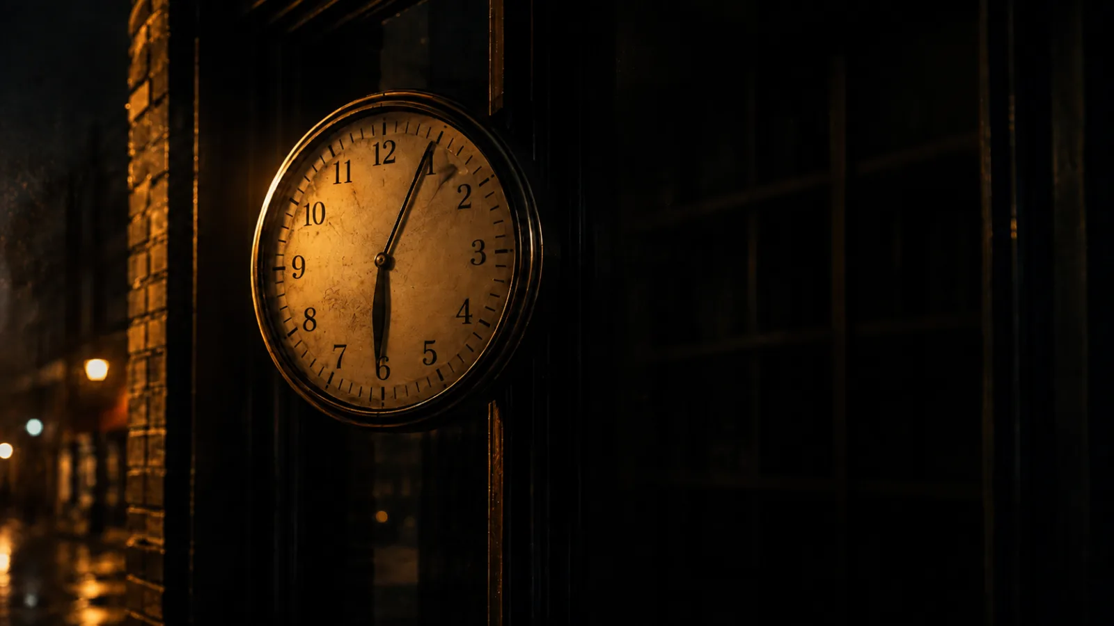 A clock reading just past six against a darkened storefront window, the early holiday-eve closing time that catches people out