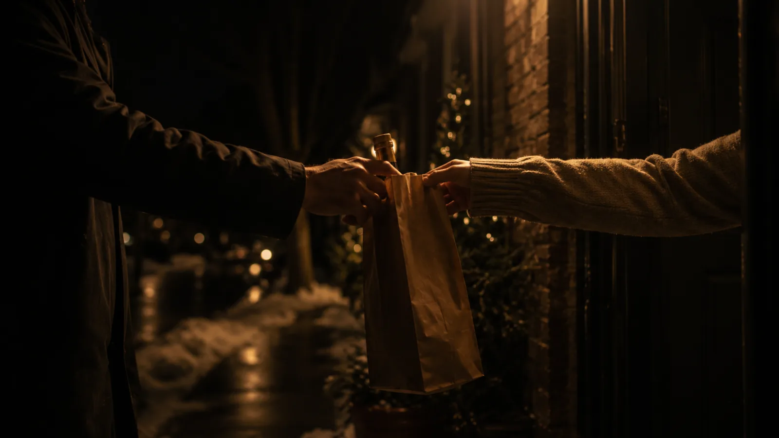 A bottle handed over at a front door on a winter evening — licensed delivery running from 9 AM to 11 PM on the holidays the LCBO is closed
