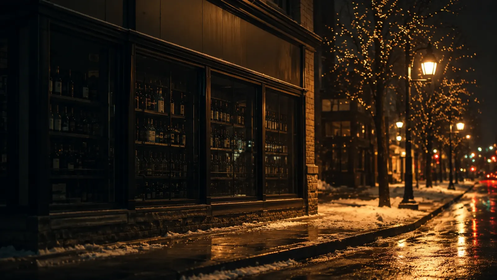A dark liquor store exterior at dusk with the lights off behind the glass, closed for a holiday while the street outside is still lit