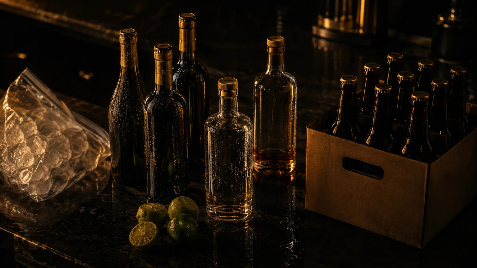 Bottles of wine and spirits and a case of beer staged on a kitchen counter — the Saturday stock-up that covers a long weekend the LCBO will be closed for