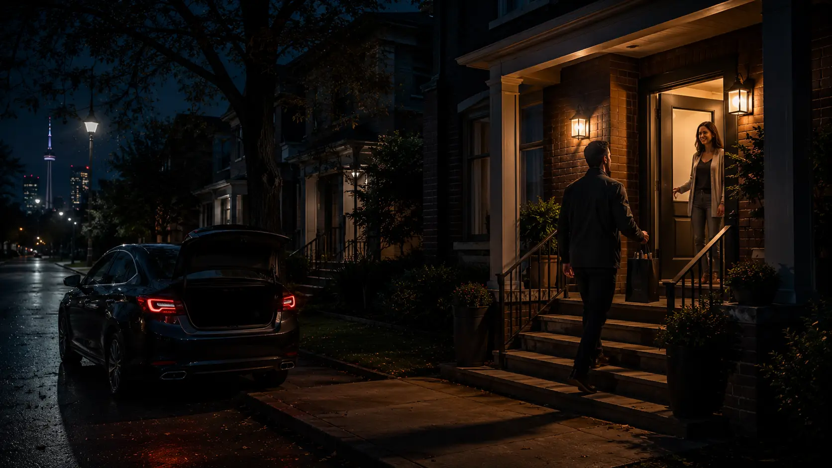 An after-hours delivery arriving on a lit residential street at night, long after the LCBO has closed