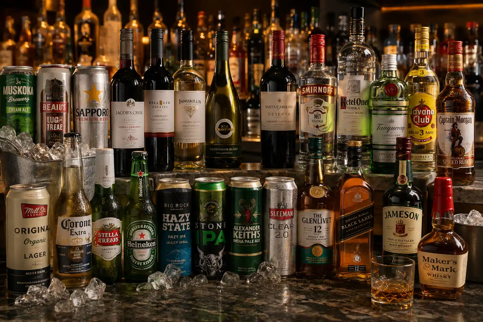 A full spread of cold craft beer, wine, vodka, whisky, and rum on a bar counter — the kind of range a convenience-store cooler can't match