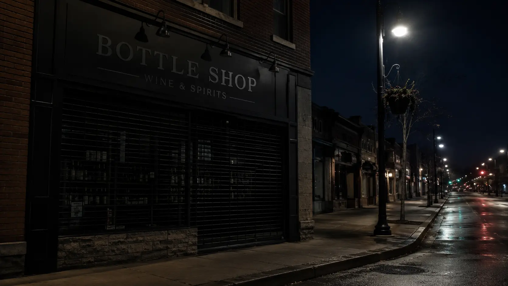 A closed LCBO storefront at night — lights off and gates down, the stat-holiday and after-9-PM reality across Ontario
