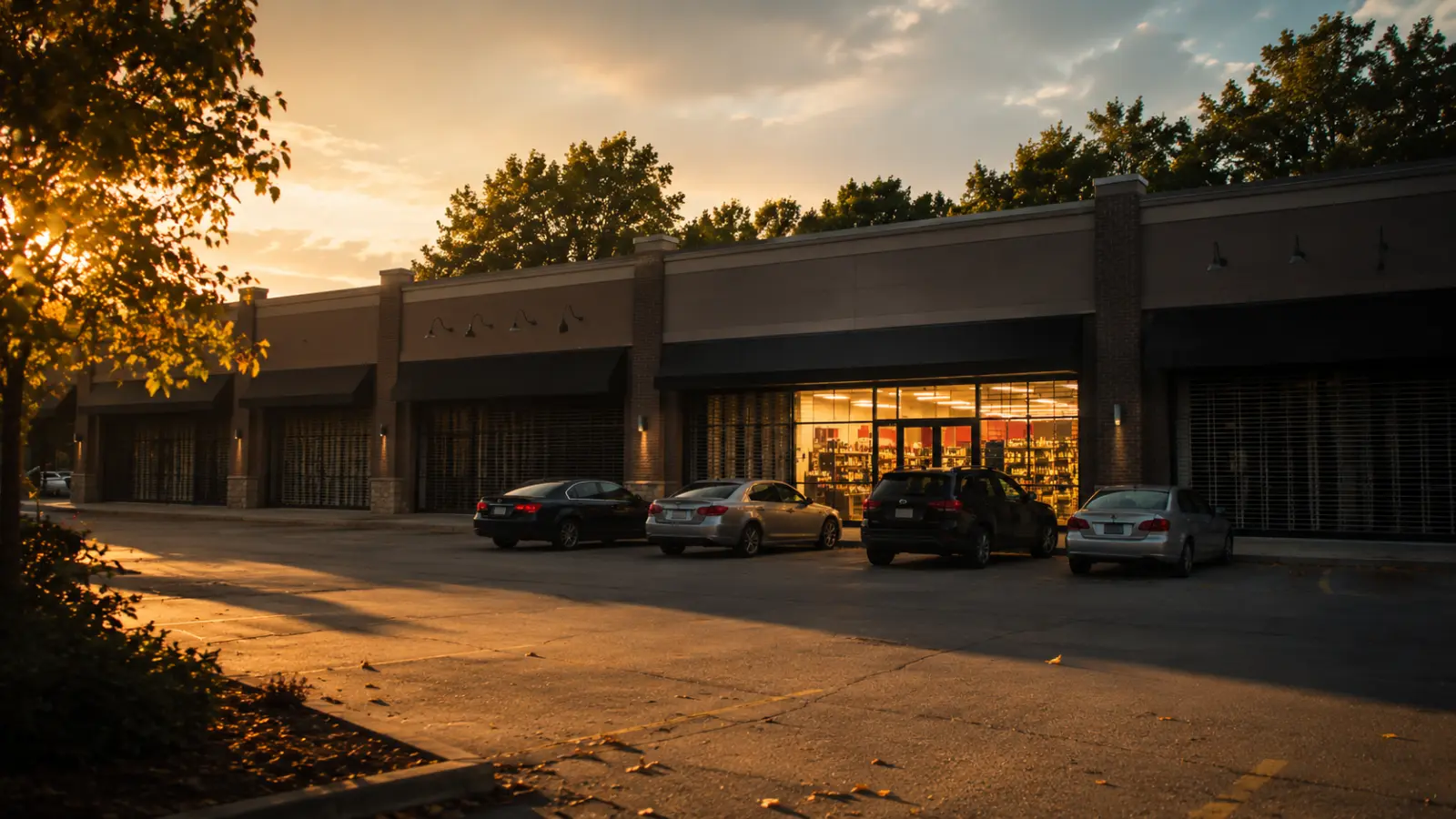 A short row of cars outside one of the few Beer Store locations open on Labour Day Monday, its lit sign the only open door on an otherwise shuttered retail strip