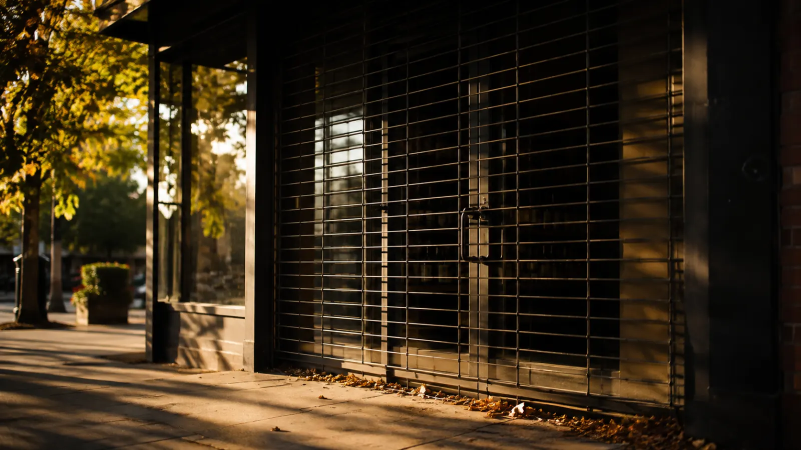 A dark LCBO storefront with the gates down on a bright September afternoon, closed for the Labour Day statutory holiday