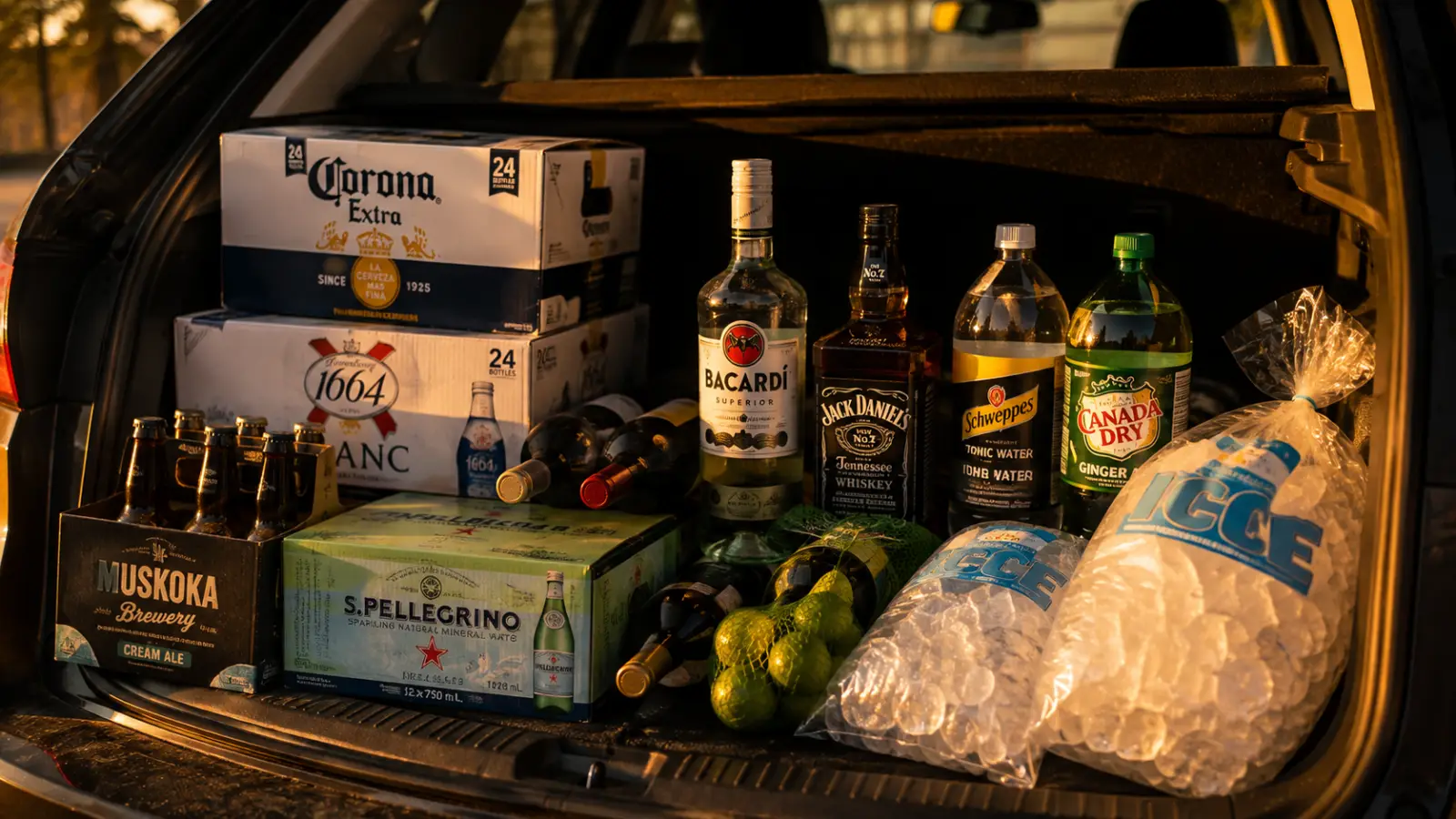 A Saturday LCBO run loaded into an open car trunk — two cases of beer, red and white wine, a bottle of vodka, bags of ice and mixers, bought once for the whole September long weekend