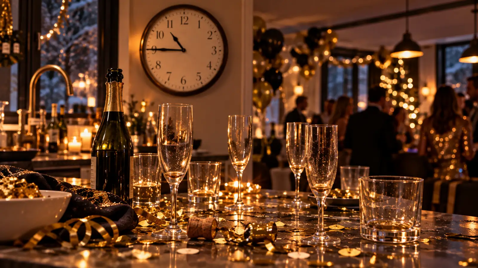 A New Year's Eve house party at a quarter to eleven, a wall clock above the kitchen counter reading 10:45 over empty champagne flutes, a popped cork, gold confetti and an open sparkling wine bottle