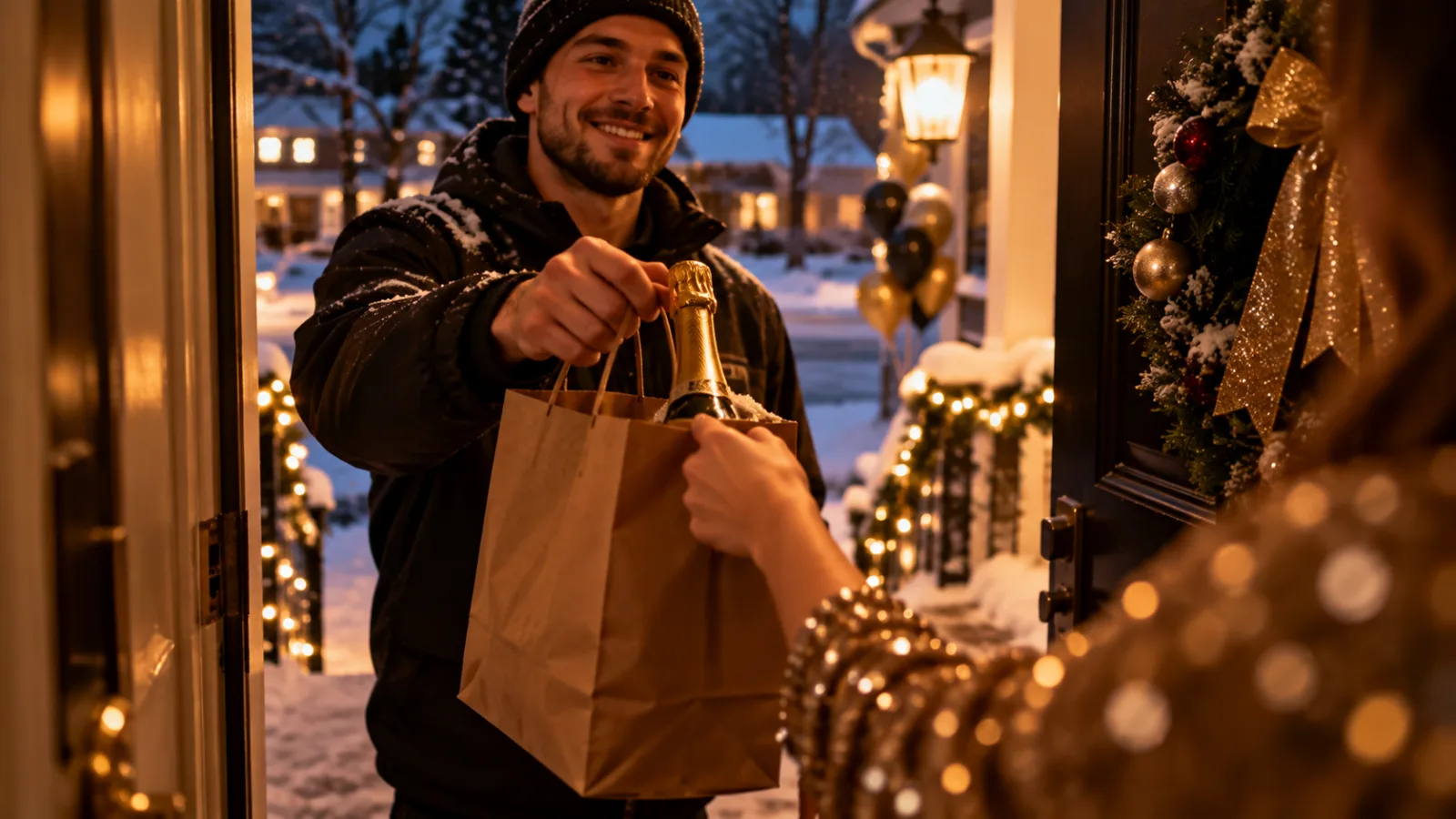 A delivery courier in a snow-dusted jacket handing a paper bag with a gold-foiled sparkling wine bottle to a guest in a sequinned outfit at a front door on a snowy New Year's Eve, gold and black balloons on the porch