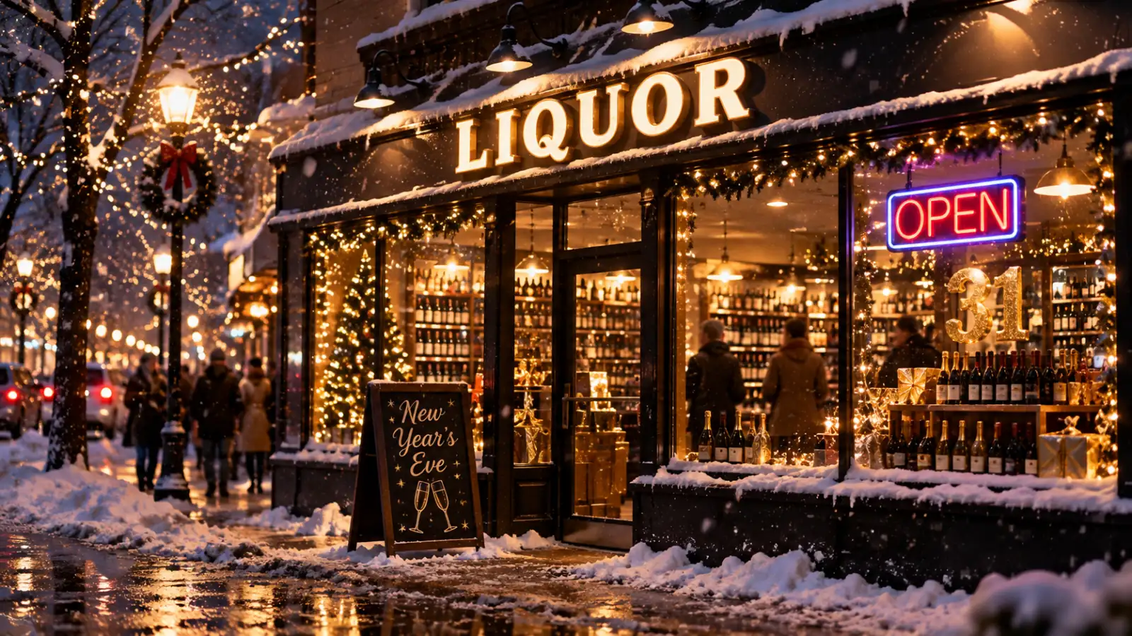 A liquor store lit up and open on a snowy New Year's Eve, a neon OPEN sign and a gold 31 in the window, sparkling wine stacked on display and a New Year's Eve chalkboard sign on the sidewalk