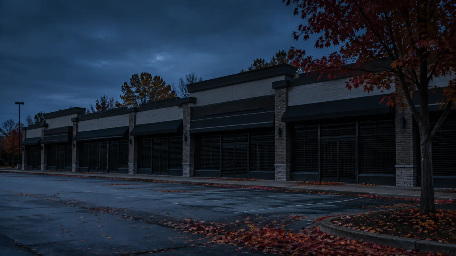 An entire retail strip shuttered on Thanksgiving Monday, every unit dark behind its gate, an empty parking lot scattered with autumn leaves