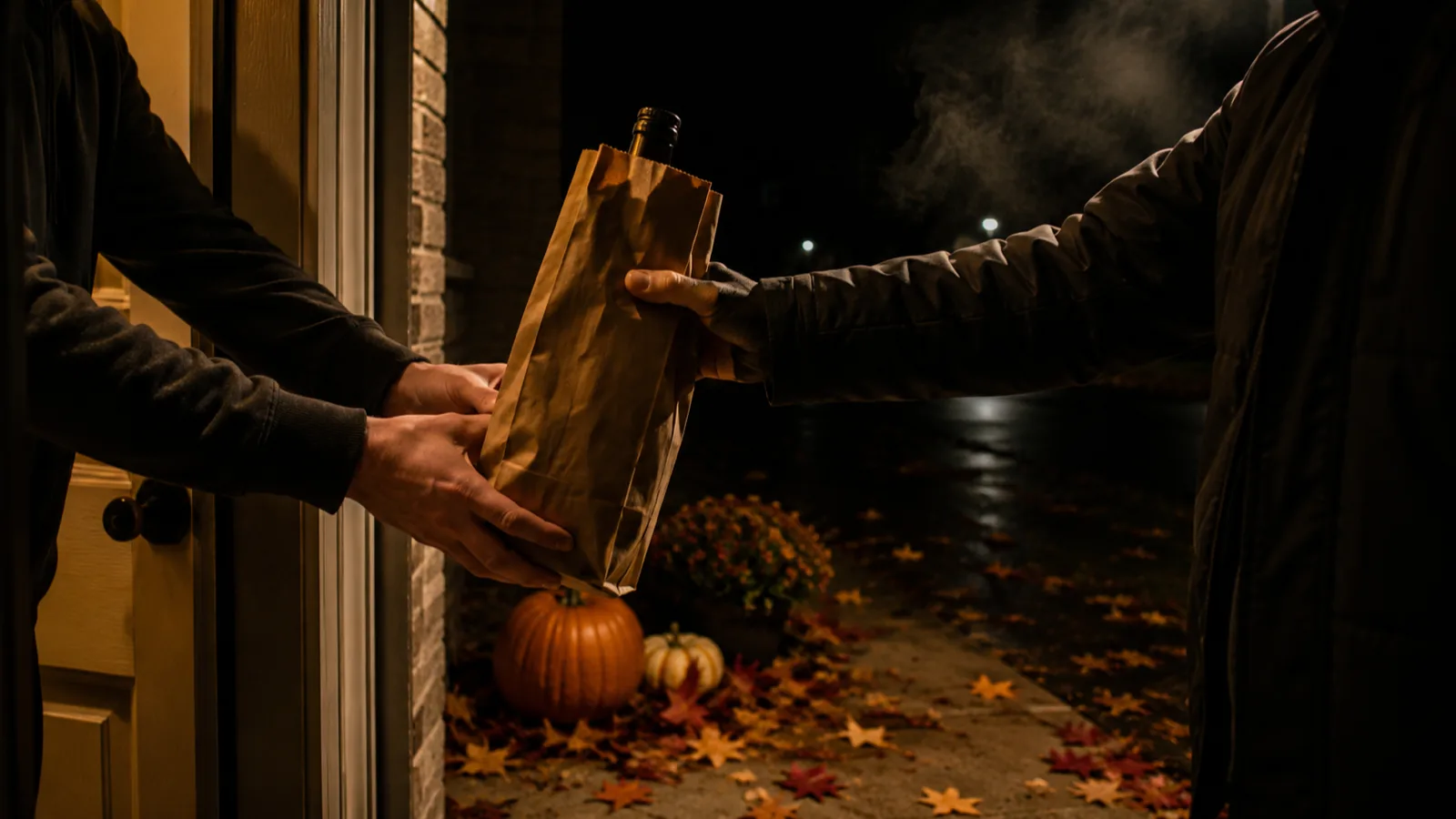 A bottle in a paper bag handed over at a lit front door on a cold October night, long after every liquor store in the province closed for Thanksgiving
