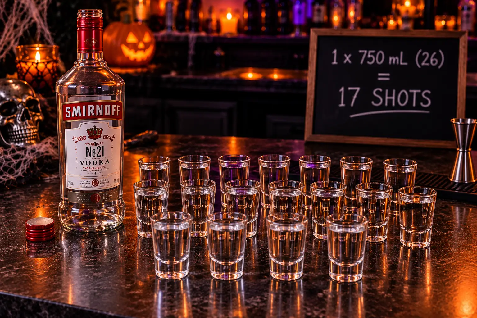Seventeen full shot glasses in rows beside an empty 750 mL vodka bottle, with a chalkboard reading 1 × 750 mL (26) = 17 shots