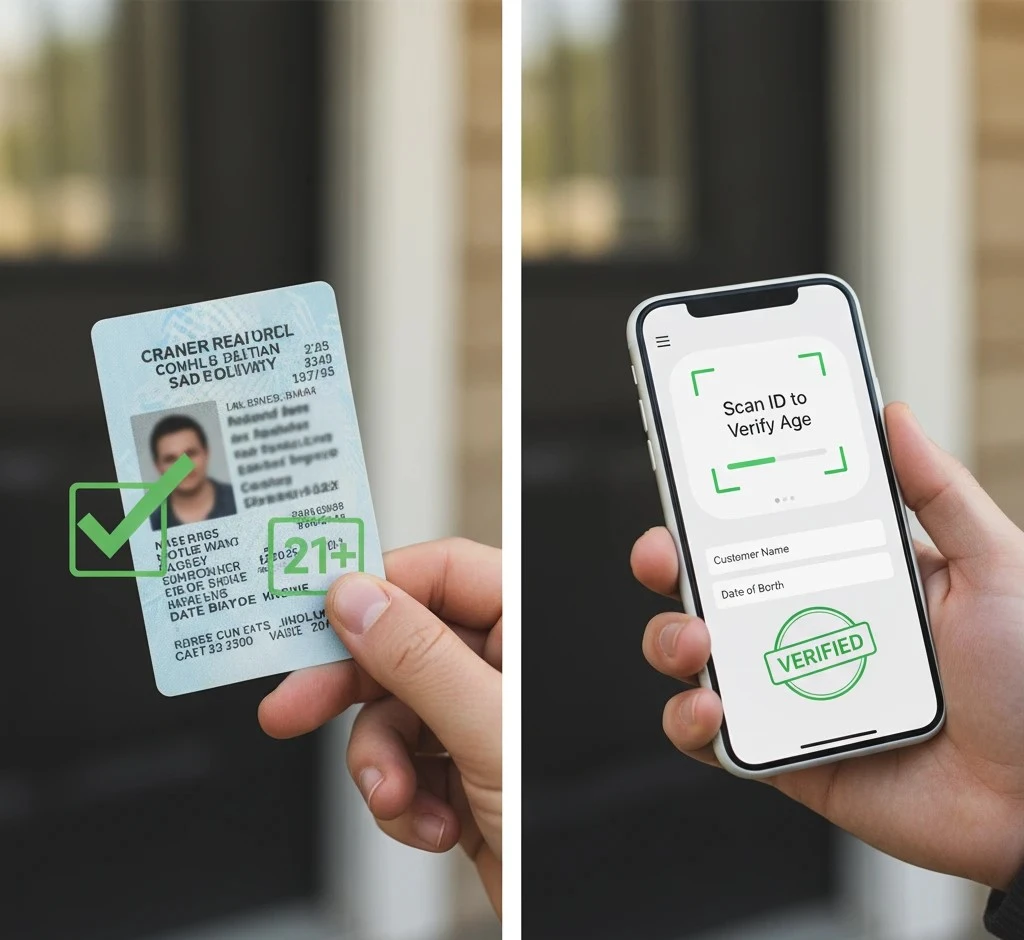 ID scanning technology for age verification in alcohol delivery - driver checking customer identification