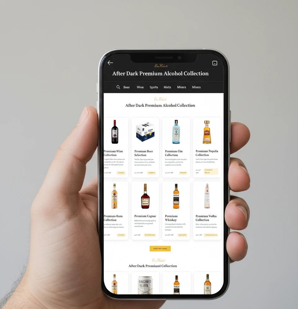 Alcohol delivery app showing beer wine and spirits selection on mobile phone
