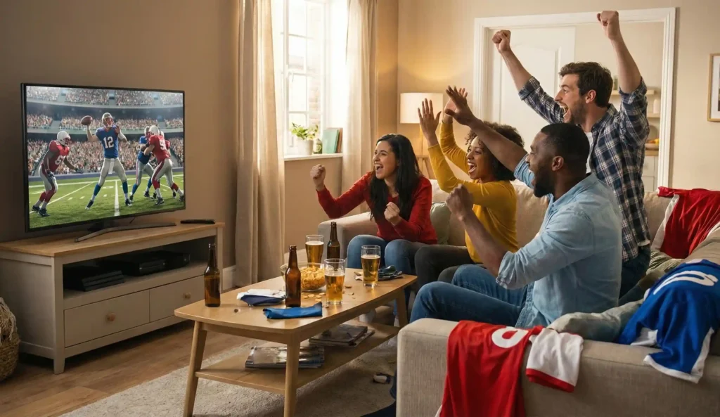 Friends watching NFL playoffs with drinks in Niagara